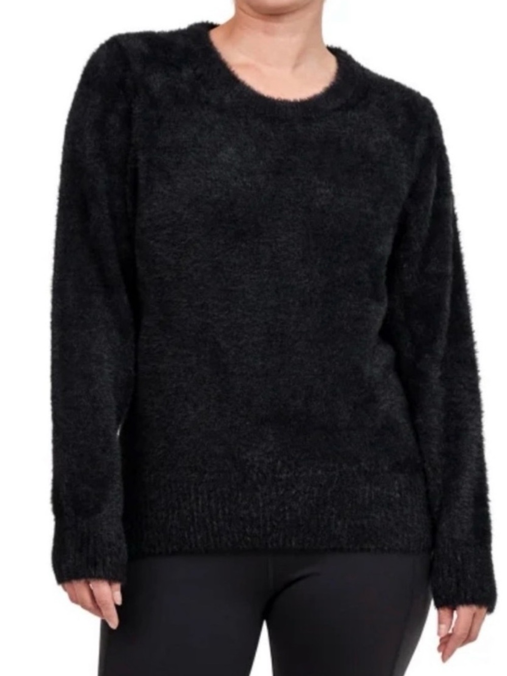 Cozy Black Crewneck Fuzzy Sweater for Women